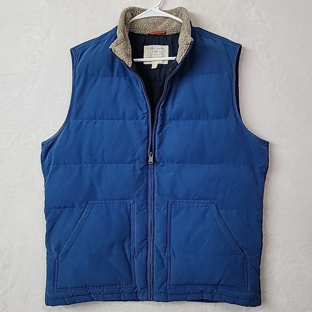 VTG Lucky Brand Puffer Vest Mens Large Blue W Fleece Lined Collar EUC
